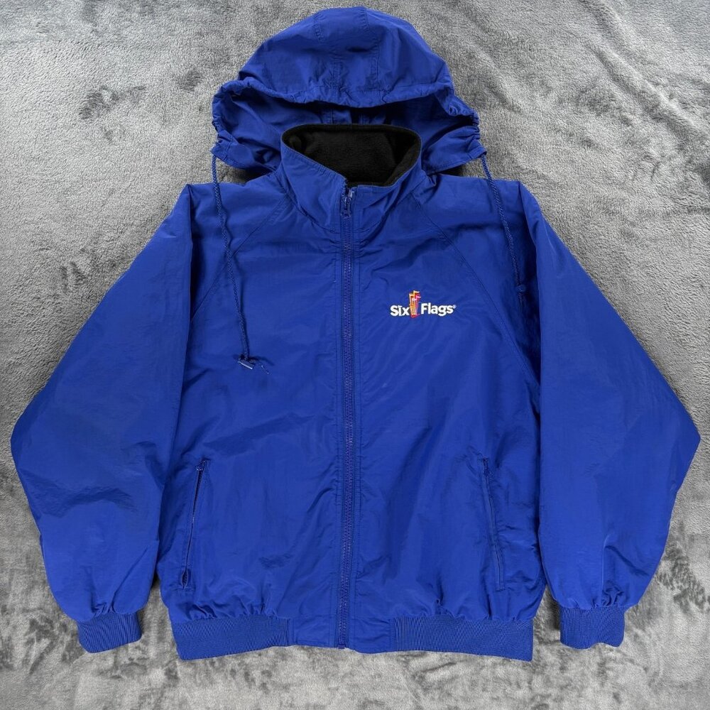 Six Flags Blue Work Jacket Men M Nylon Shell Fleece Lined Detachable Hood USA